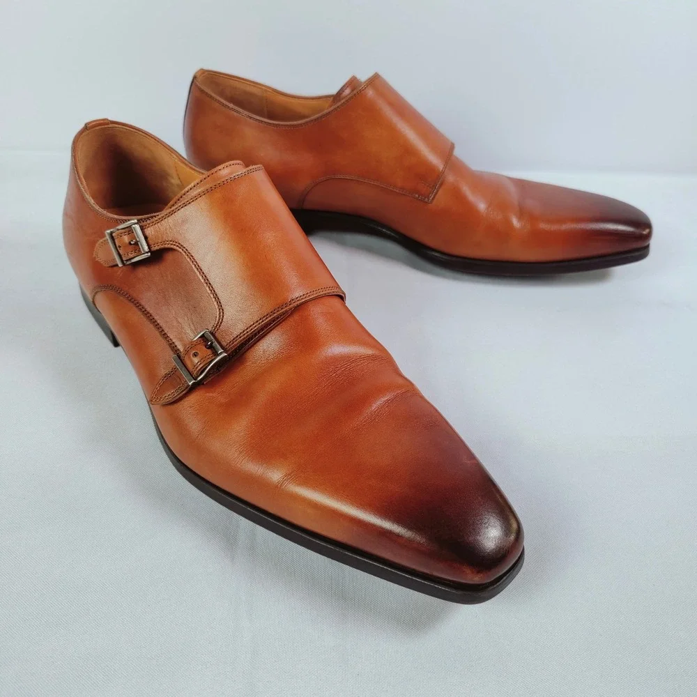Magnanni Burnished Double Monk Strap Loafers Cognac Leather Shoes 13 M Spain